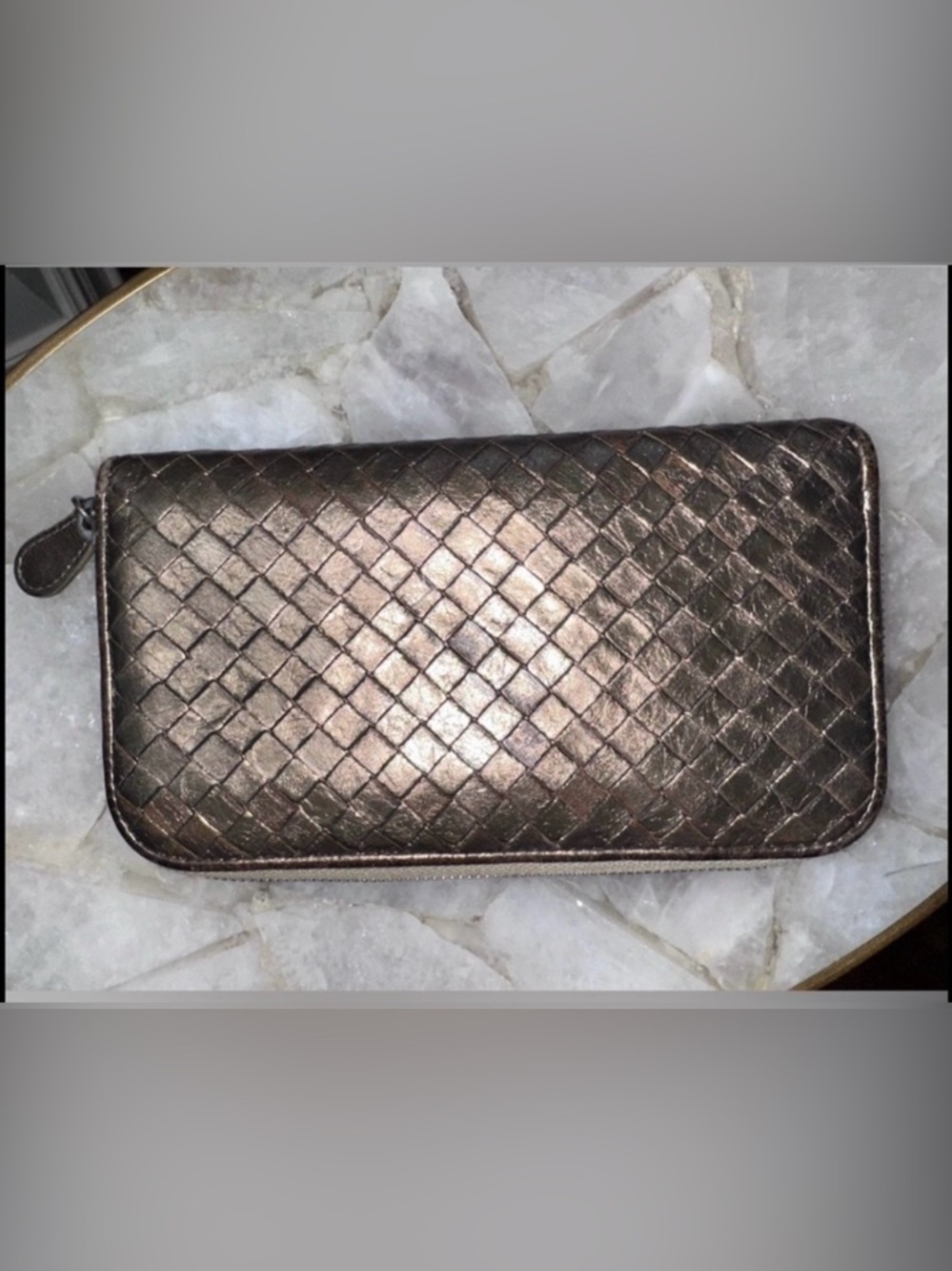 Bottega Veneta Intrecciato HERITAGE Metallic Woven Zip Around Wallet